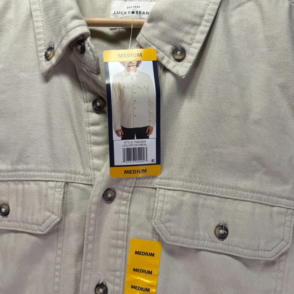 Lukcy Brand Button Down Shirt Men Medium Beige Twill Long Sleeve Heavy Thick NWT
